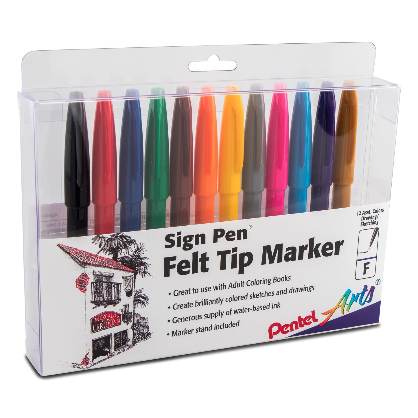 Pentel Arts Sign Pen Fiber-Tipped Pen, Assorted Ink 12-Pk Box (S520-12)
