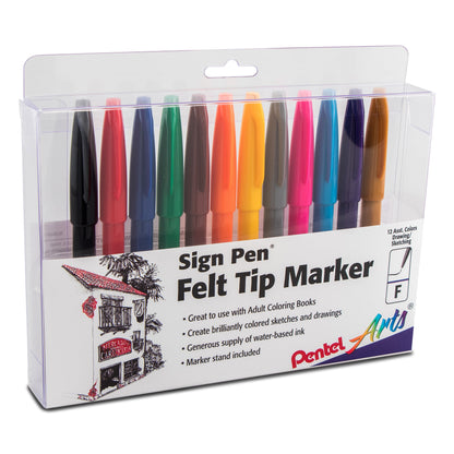 Pentel Arts Sign Pen Fiber-Tipped Pen, Assorted Ink 12-Pk Box (S520-12)