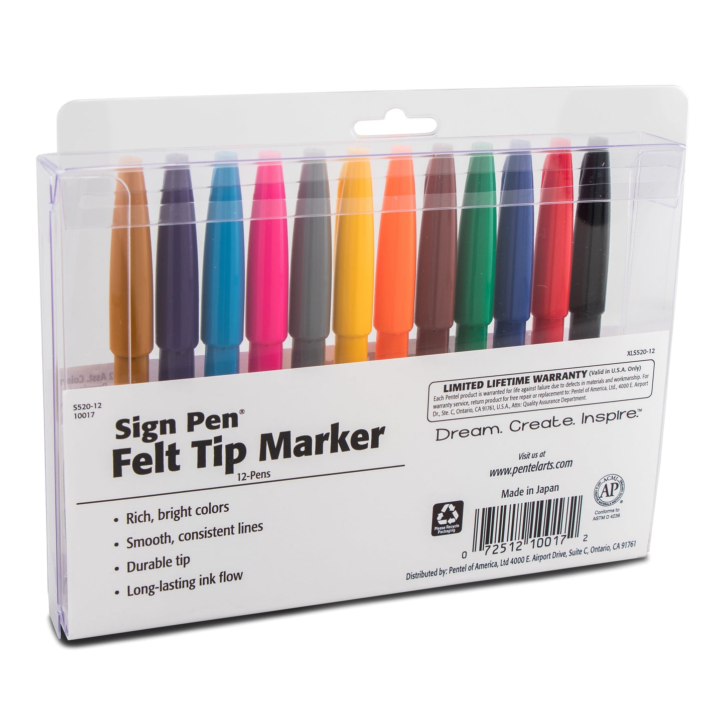 Pentel Arts Sign Pen Fiber-Tipped Pen, Assorted Ink 12-Pk Box (S520-12)