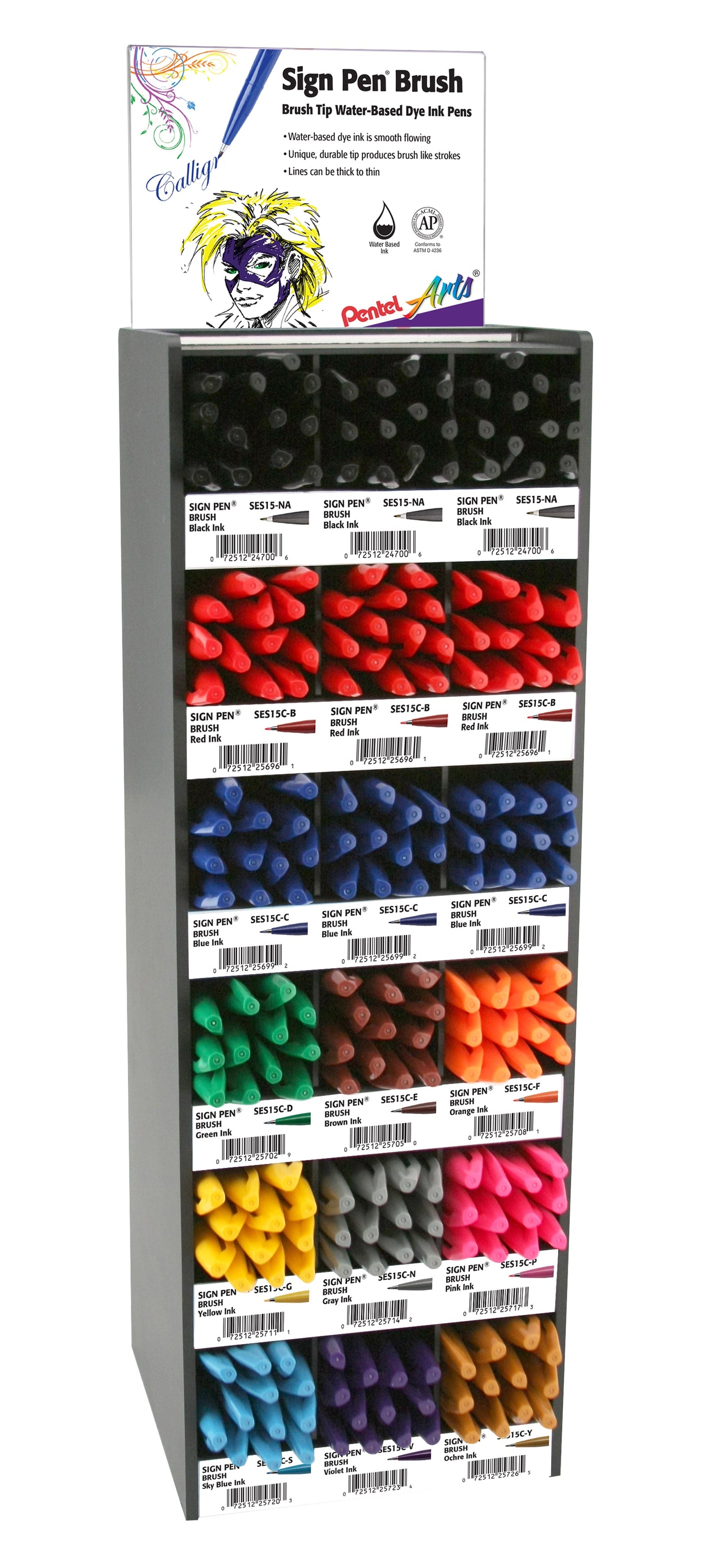 Pentel Arts Sign Pen Brush Tip Colors Tower Open Stock Display - 216 Pieces (SES15C-216)