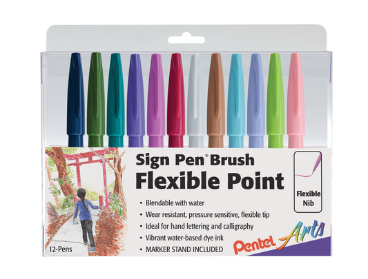 Pentel Arts Sign Pen Brush Tip, Assorted Colors (CA/D2/D3/V2/P2/B2/N2/E2/S2/S3/K/P3), 12-Pk Plastic BOX (SES15C2PC12)