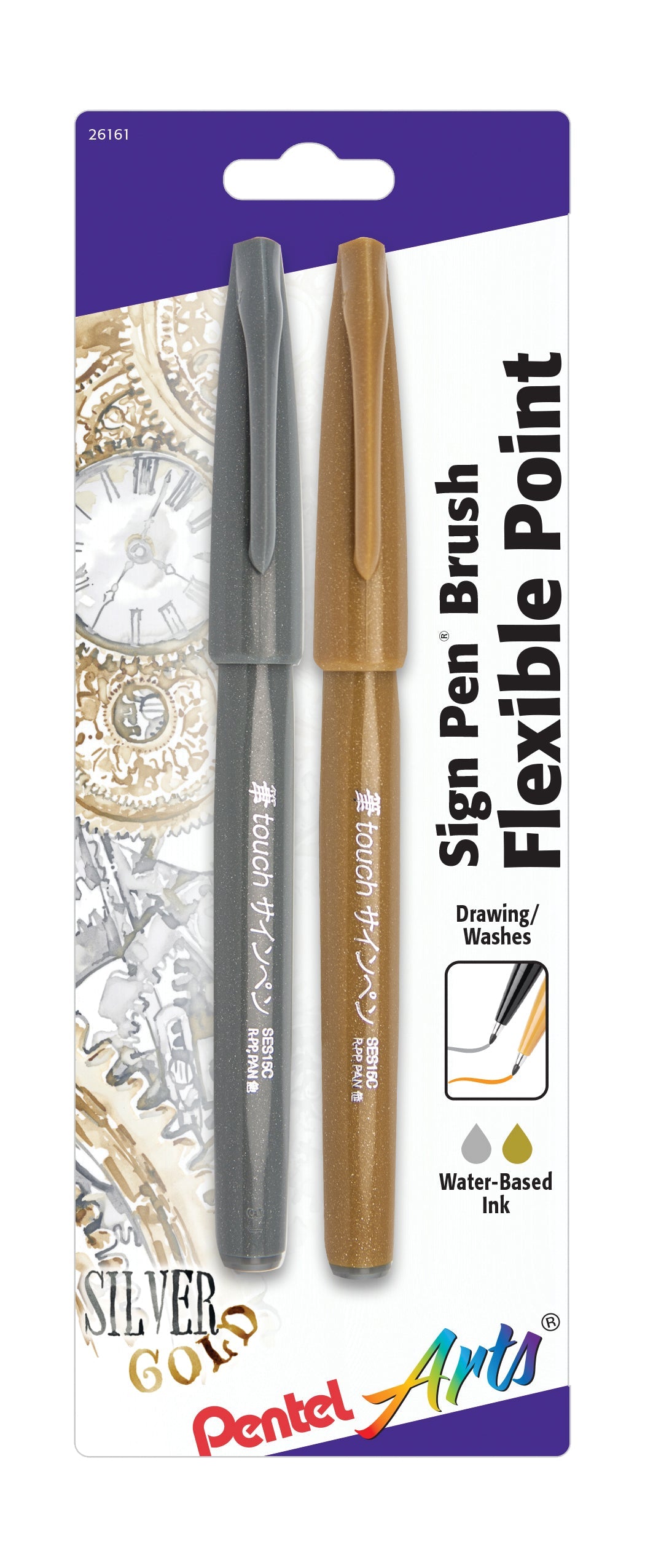 Pentel Arts Sign Pen Brush Tip, Gold/Silver, 2-Pk (SES15CBPXZ)