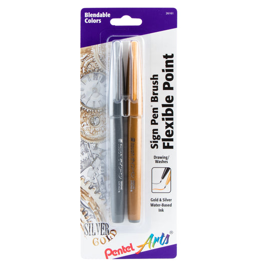 Pentel Arts Sign Pen Brush Tip, Gold/Silver, 2-Pk (SES15CBPXZ)