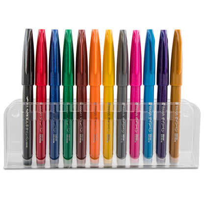 Pentel Arts Sign Pen Brush Tip, Assorted Colors (A/D/F/V/S/G/C/B/E/P/N/Y), 12-Pk Plastic BOX (SES15CPC12)