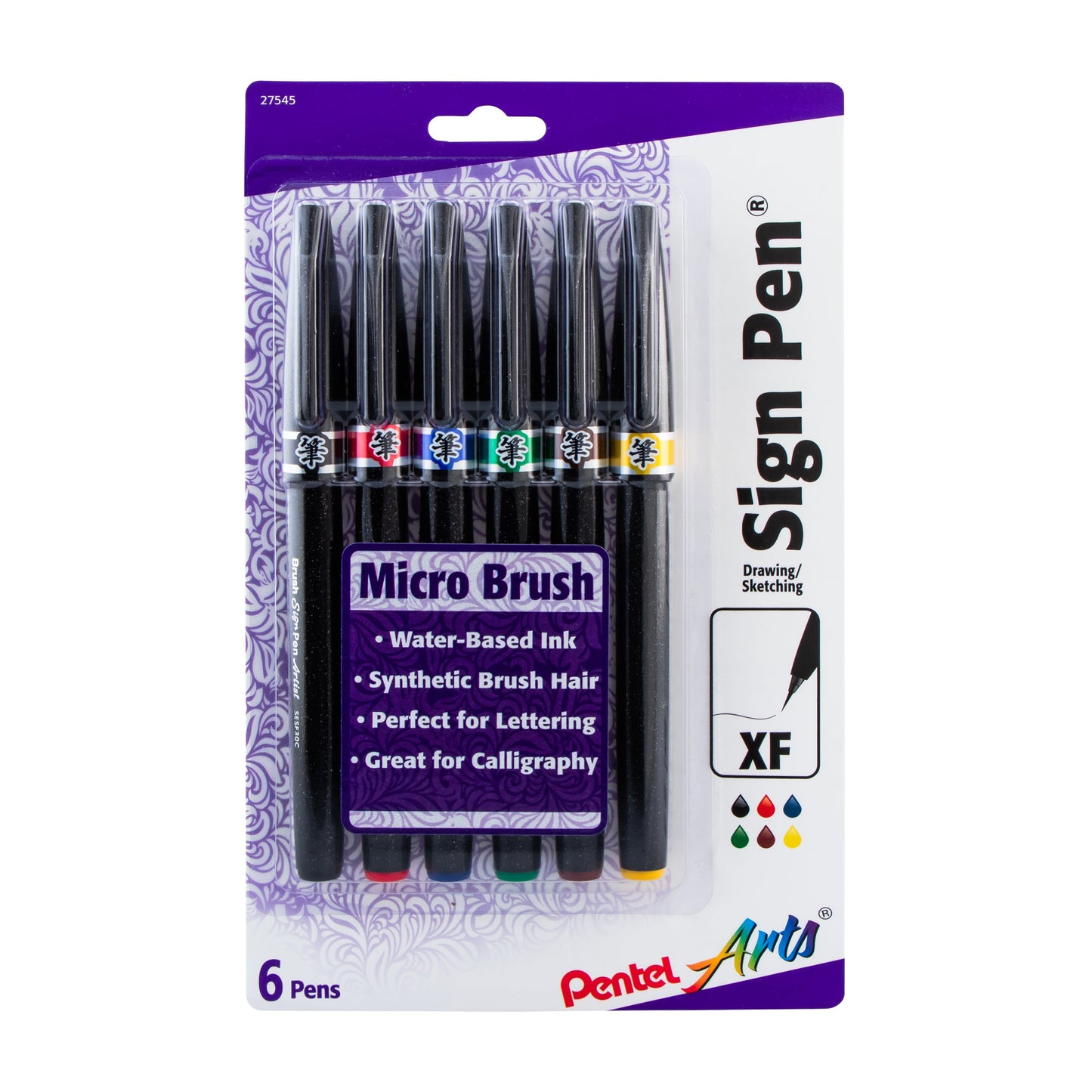 Pentel Arts Sign Pen Micro Brush, Assorted Ink, (A/B/C/D/E/G) 6-pk (SESF30BP6M)