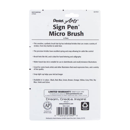 Pentel Arts Sign Pen Micro Brush, Assorted Ink, (A/B/C/D/E/G) 6-pk (SESF30BP6M)