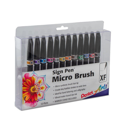 Pentel Arts Sign Pen Micro Brush Tip, Assorted Colors (A/B/C/D/E/F/G/N/P/S/V/Y), 12-pk Plastic Box (SESF30CPC12)