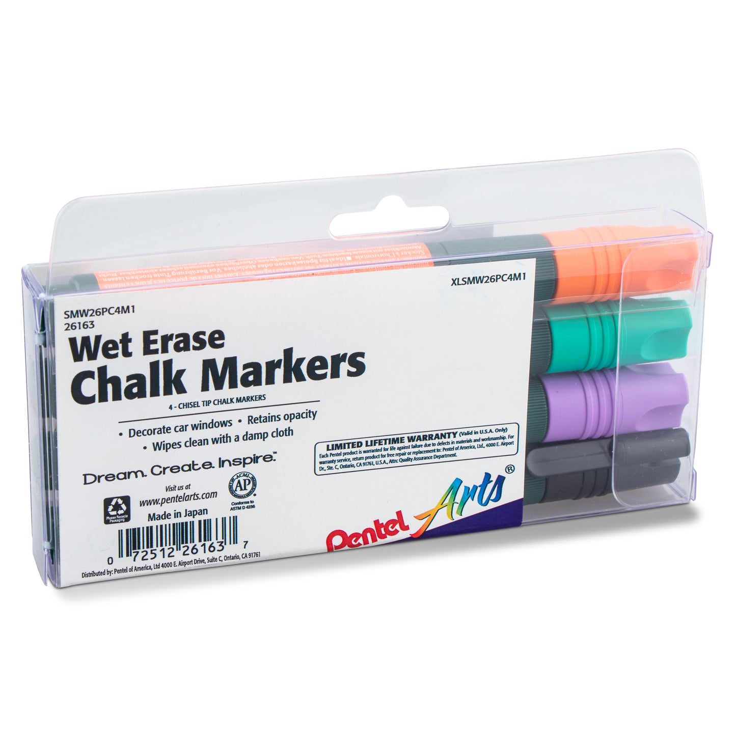 Pentel Arts Wet Erase Chalk Marker Set, Chisel Tip, Assorted (ADFV) 4-Pk Plastic BOX (SMW26PC4M1)