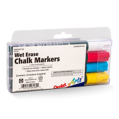 Pentel Arts Wet Erase Chalk Marker Set, Chisel Tip, Assorted (WGCB) 4-Pk Plastic BOX (SMW26PC4M)