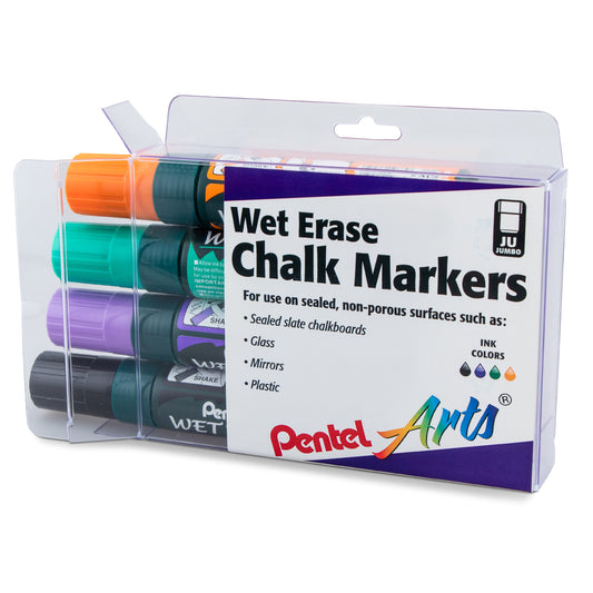 Pentel Arts Wet Erase Chalk Marker Set, Jumbo Tip, Assorted (ADFV) 4-Pk Plastic BOX (SMW56PC4M1)