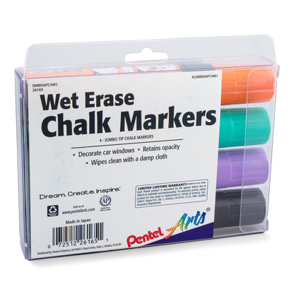 Pentel Arts Wet Erase Chalk Marker Set, Jumbo Tip, Assorted (ADFV) 4-Pk Plastic BOX (SMW56PC4M1)