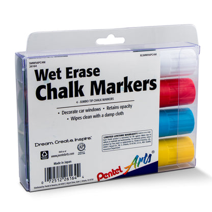 Pentel Arts Wet Erase Chalk Marker Set, Jumbo Tip, Assorted (WGCB) 4-Pk Plastic BOX (SMW56PC4M)