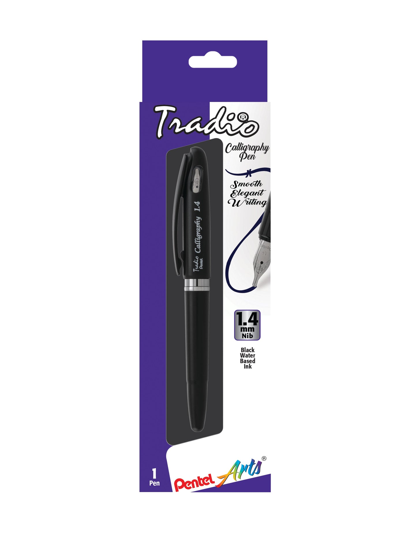 Pentel Arts Tradio Calligraphy Pen, Water-Based Ink, 1.4mm, Black Barrel/Ink, in Hanging Box (TRC114ABP)
