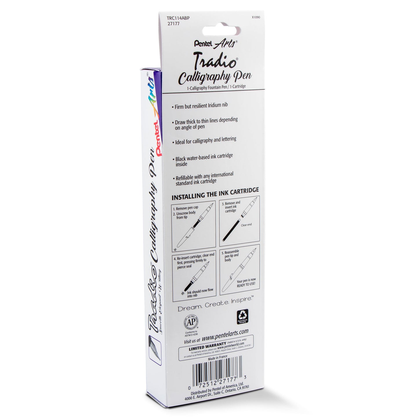 Pentel Arts Tradio Calligraphy Pen, Water-Based Ink, 1.4mm, Black Barrel/Ink, in Hanging Box (TRC114ABP)