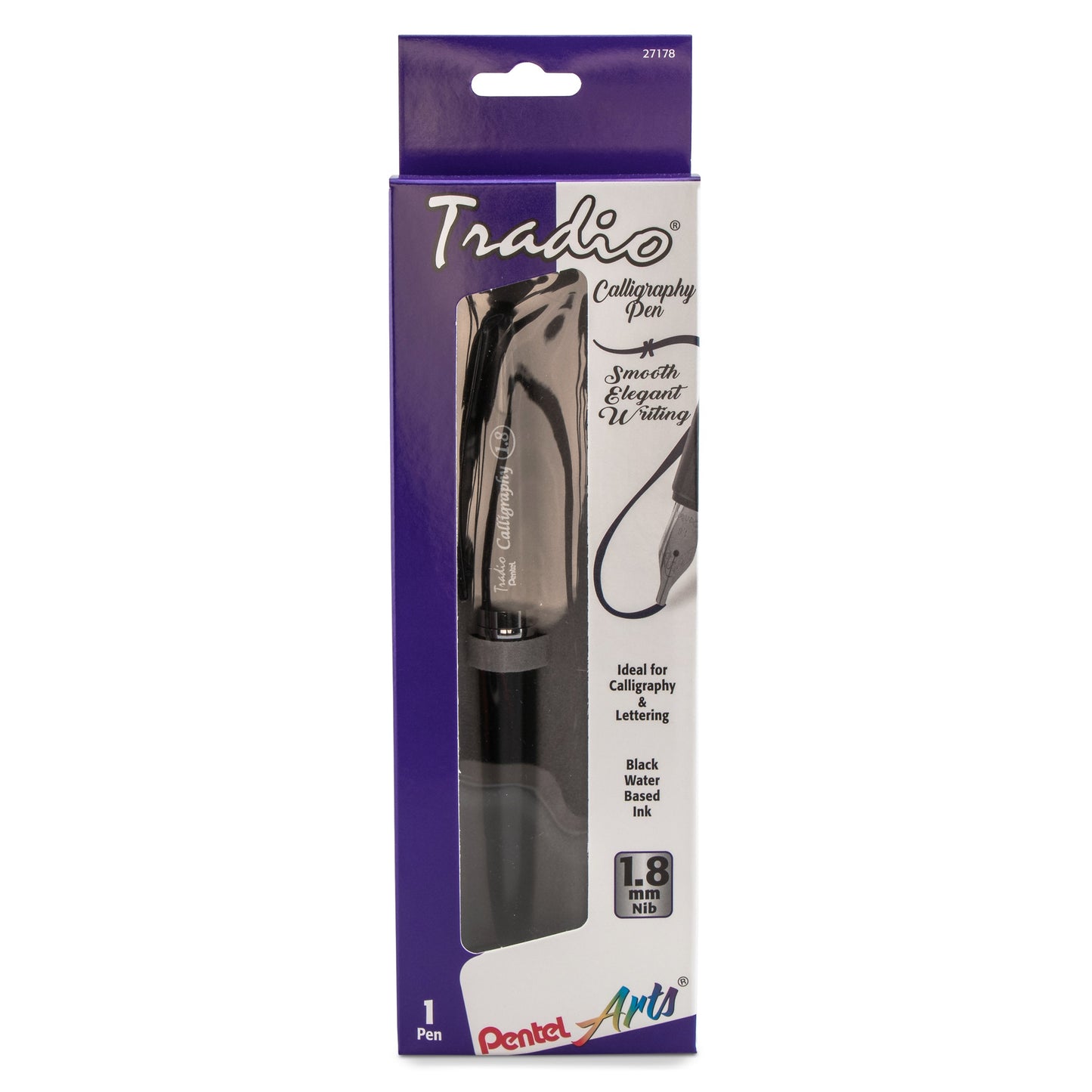 Pentel Arts Tradio Calligraphy Pen, Water-Based Ink, 1.8mm, Black Barrel/Ink, in Hanging Box (TRC118ABP)