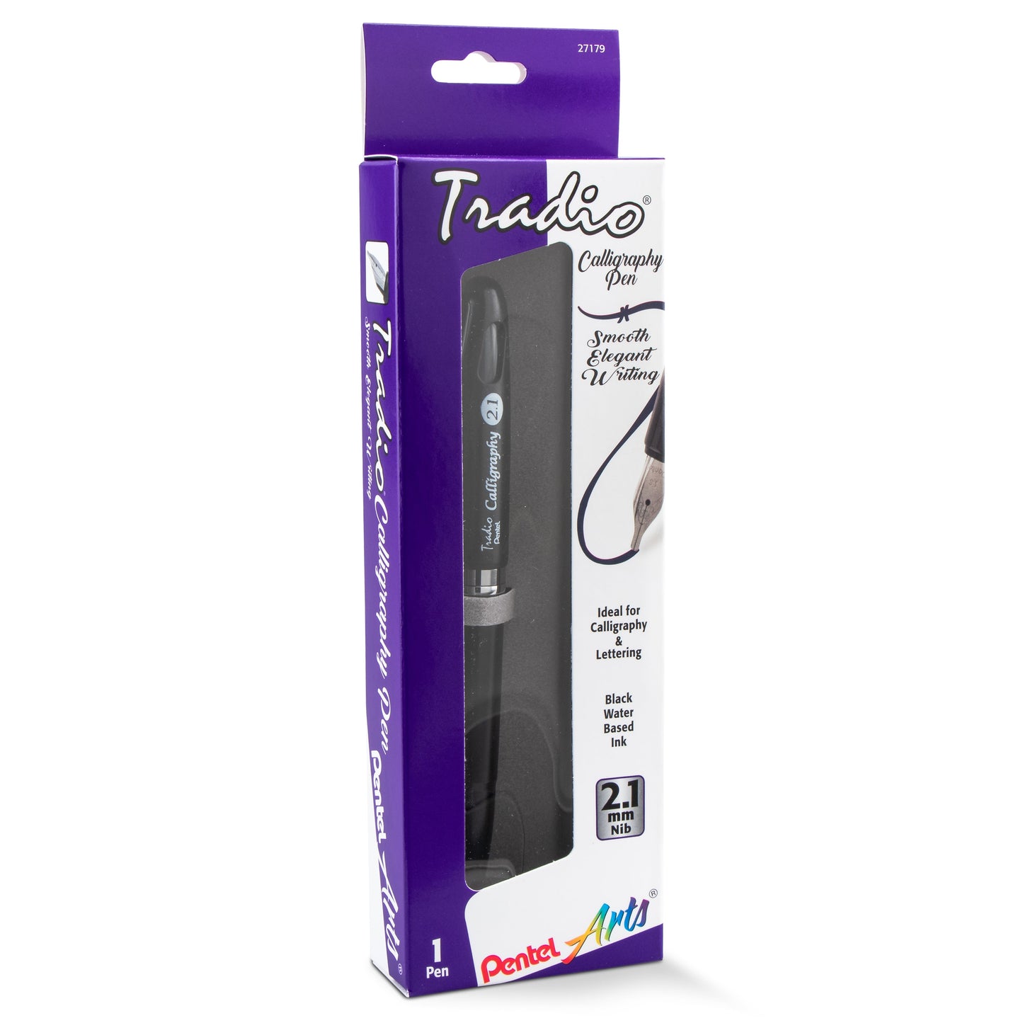 Pentel Arts Tradio Calligraphy Pen, Water-Based Ink, 2.1mm, Black Barrel/Ink, in Hanging Box (TRC121ABP)