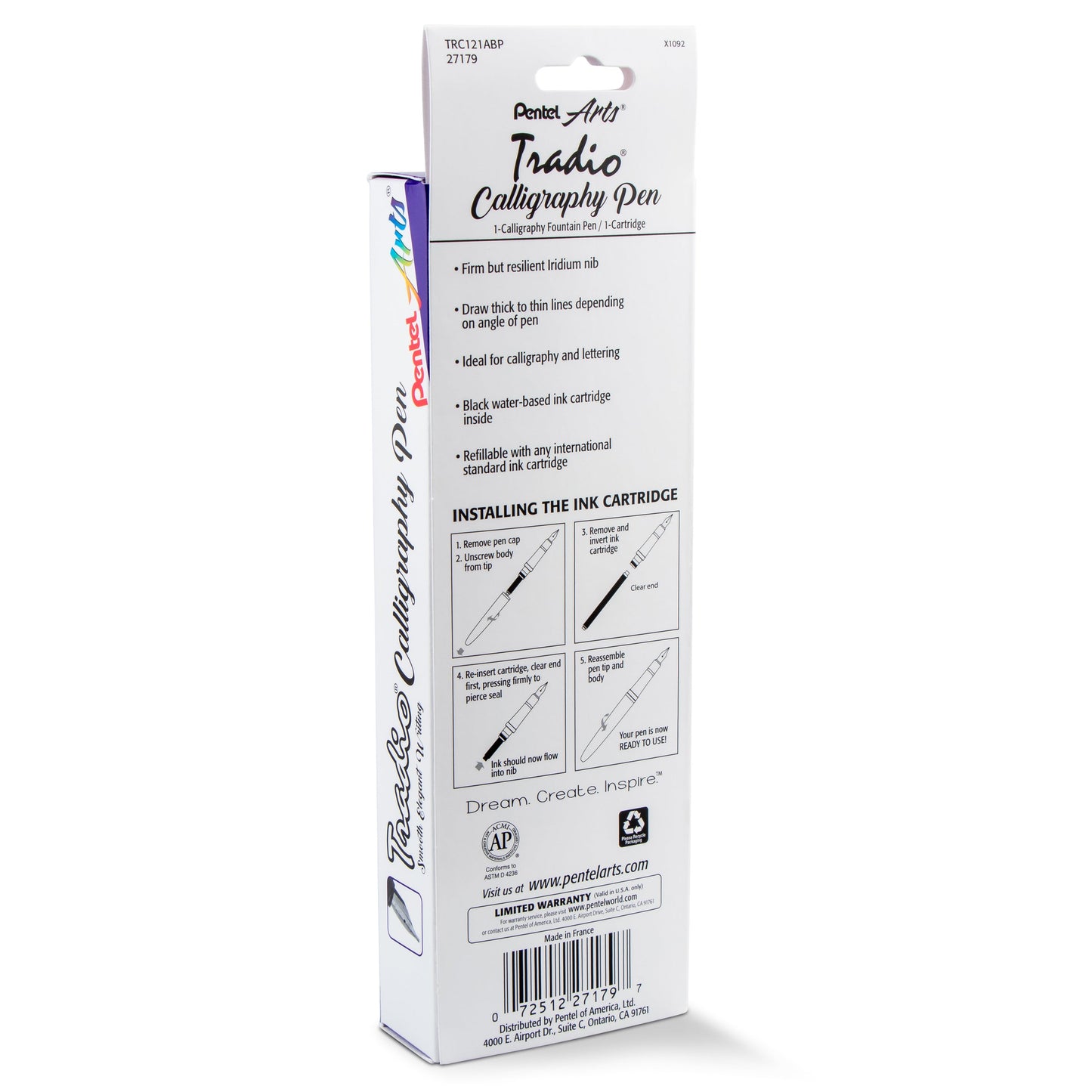 Pentel Arts Tradio Calligraphy Pen, Water-Based Ink, 2.1mm, Black Barrel/Ink, in Hanging Box (TRC121ABP)
