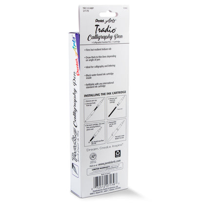 Pentel Arts Tradio Calligraphy Pen, Water-Based Ink, 2.1mm, Black Barrel/Ink, in Hanging Box (TRC121ABP)