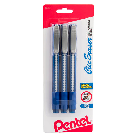 Clic Eraser Grip Retractable Eraser with Grip Assorted Office Barrels, 3-Pk (ZE21BP3-K6)