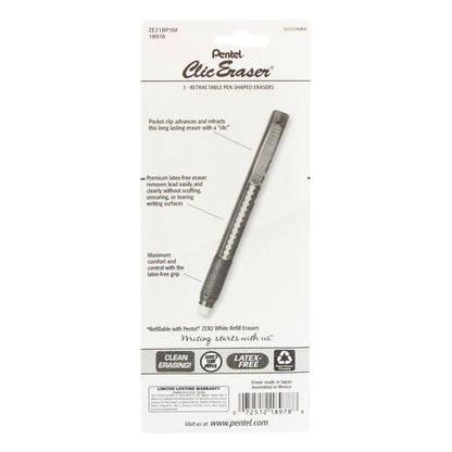 Clic Eraser Grip Retractable Eraser with Grip Office Barrel Colors 3-Pk (ZE21BP3M)