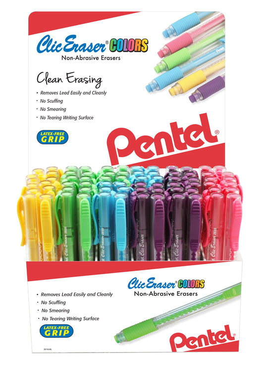 Clic Eraser COLORS, Retractable Pen Eraser, Assorted Eraser Colors, Open Stock Display - 72 Pieces (ZE23-6)