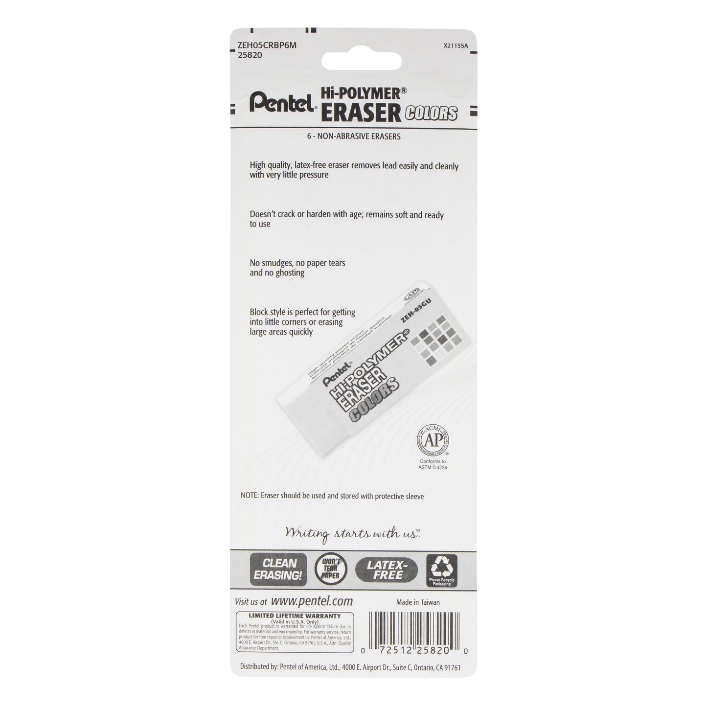 Hi-Polymer Block Eraser COLORS Small, Assorted Colors, 6-Pk (ZEH05CRBP6M)