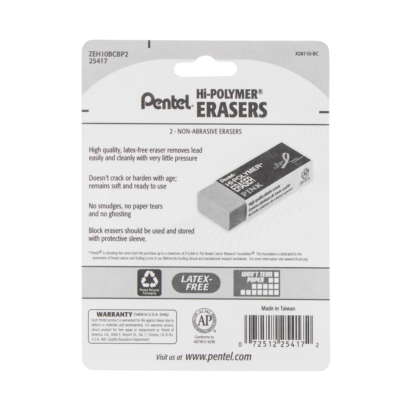 PINK BCA Hi-Polymer Block Eraser, Large Pink 2-Pk (ZEH10BCBP2)