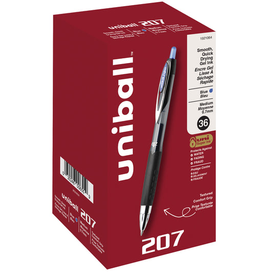 uniball™ 207 Retractable Gel Pens, Medium Point (0.7mm), Blue, 36 Pack