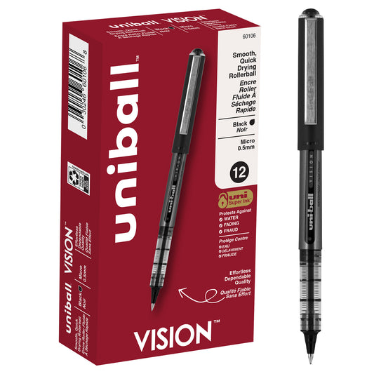 uniball™ Vision Rollerball Pens, Micro Point (0.5mm), Black, 12 Pack