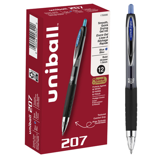 uniball™ 207 Retractable Gel Pens, Bold Point (1.0mm), Blue, 12 Pack