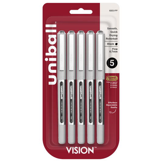 uniball™ Vision Rollerball Pens, Fine Point (0.7mm), Black, 5 Pack